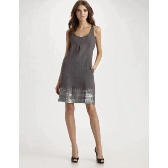 EILEEN FISHER Dress Sz 6 Gray Organic Linen Sleeveless Sequin Hand Embellished - Picture 1 of 14